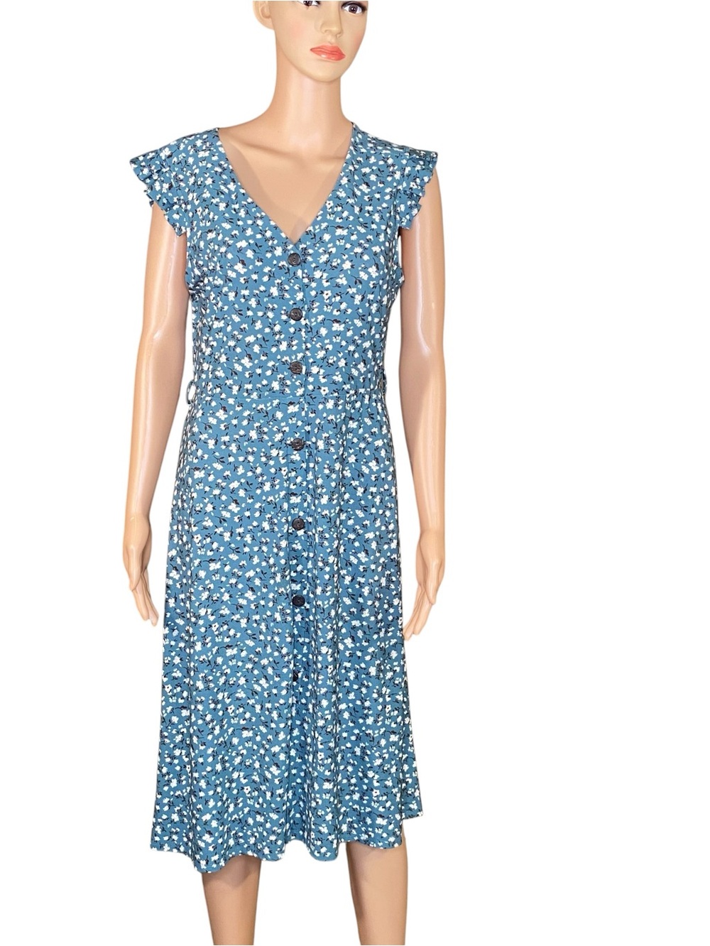 Monteau Cottagecore Midi Dress Feminine Floral Short Sleeve Front Button Detail
